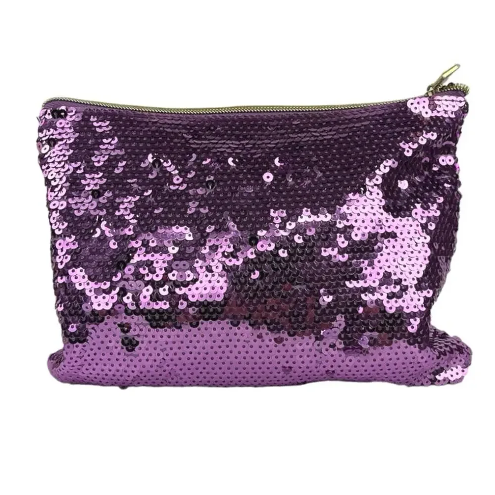 Tarte Purple Pink Flamingo Zip Sequin Purse Clutch Pouch Cosmetic Makeup Bag